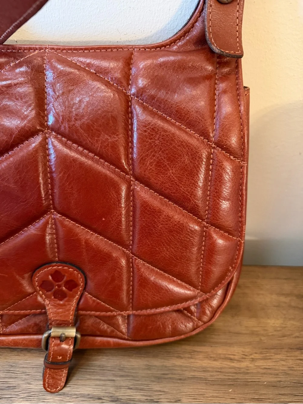 Patricia Nash Quilted Patchwork Leather Saddle Crossbody Bag Cognac - Picture 3 of 13